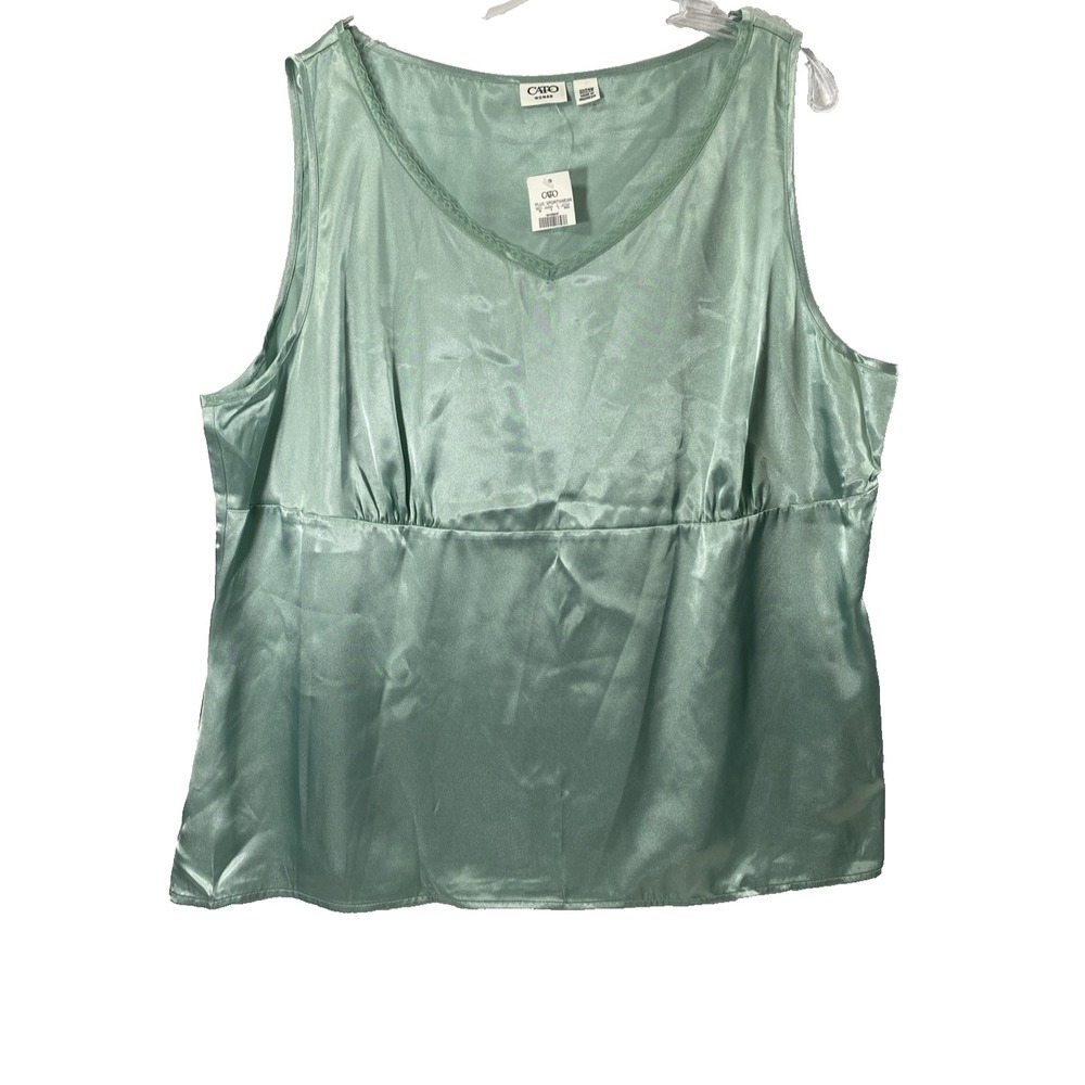 Cato Satin Top Womens Plus Size 22 / 24W Green Sleeveless Lace Neckline Blouse